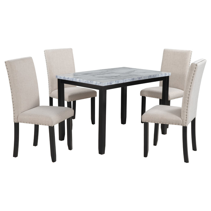 5-Piece Faux Marble Dining Set  - White/Beige + Black