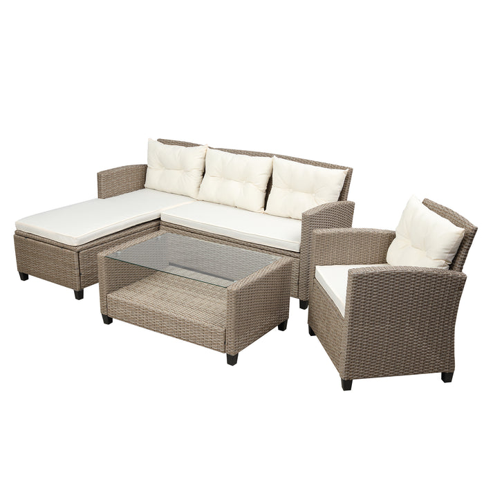 4 Piece Conversation Wicker Ratten Sectional(Beige Brown)