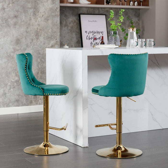 Golden Swivel Velvet Barstools, Green (Set of 2）