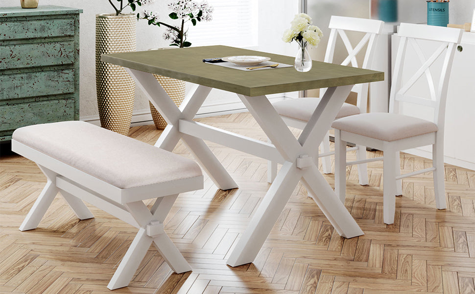 4- Pieces Farmhouse Rustic Wood Kitchen Dining Table Set with Upholstered back Chair - White + Beige