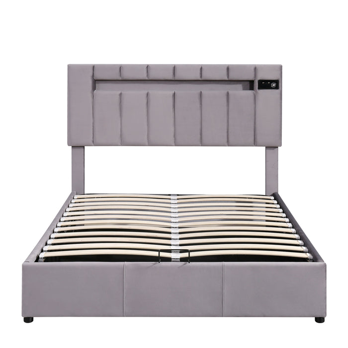 Full Size Velvet Upholstered Storage Bed with LED light, Bluetooth Player and USB Charging - Gray