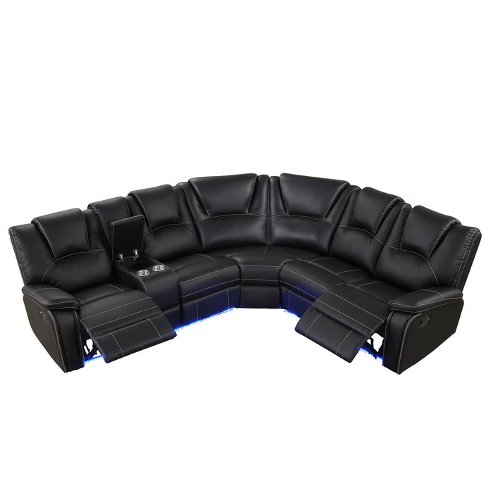 Modern Faux Leather Manual Reclining with Center Console & LED Light - Black