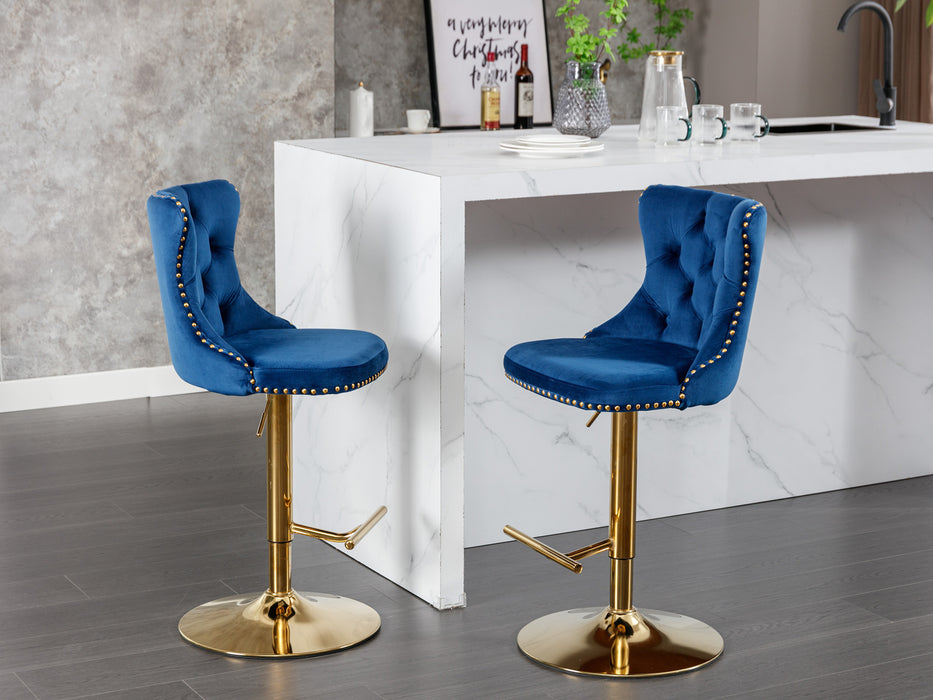 Golden Swivel Velvet Barstool, Blue (Set of 2）