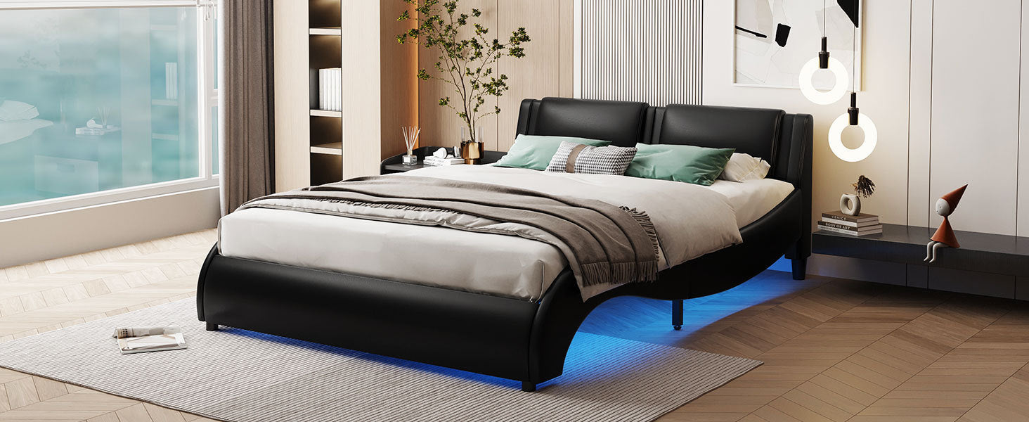 Full Size Upholstered Faux Leather Platform Bed with LED Light Bed Frame - Black