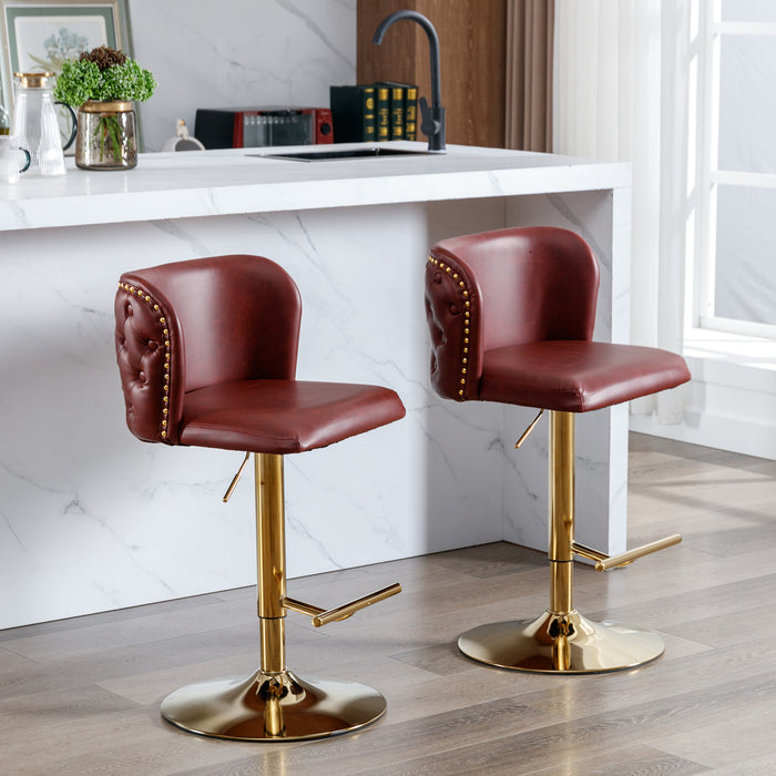 Modern PU Upholstered Bar Stools with whole Back Tufted - Burgundy (Set of 2）