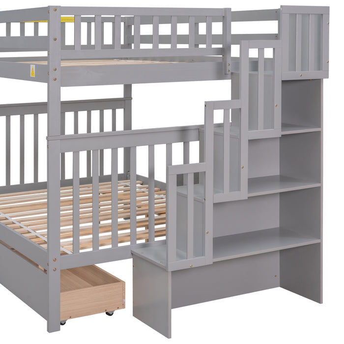 Full Over Full Bunk Bed with 2 Drawers and Staircases - Grey