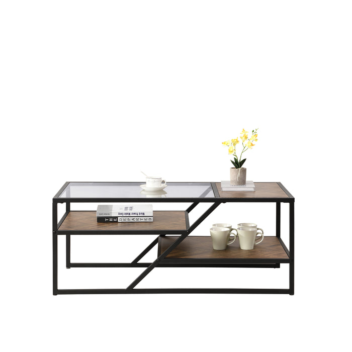 Black Coffee Table with Storage Shelf - Tempered Glass