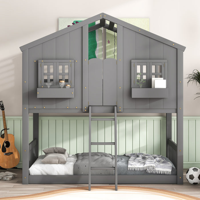 Twin over Twin House Bunk Bed with Roof & Windows - Grey