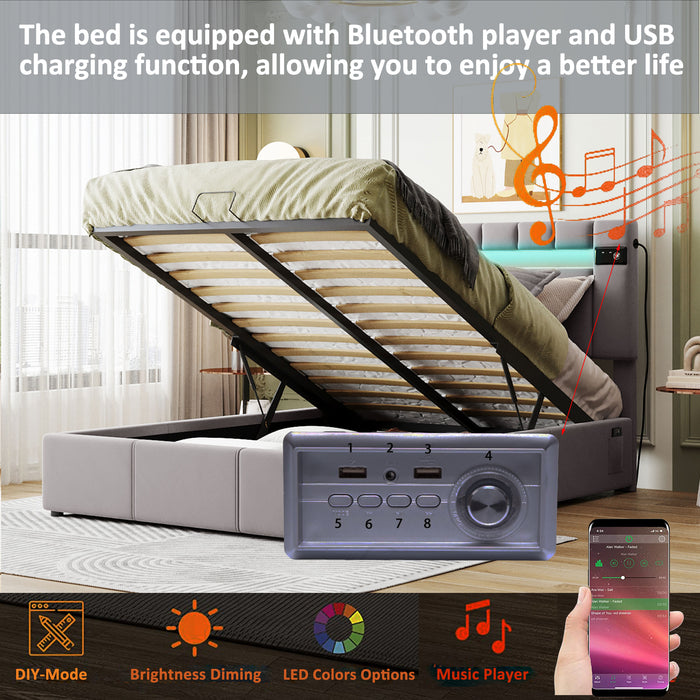 Full Size Velvet Upholstered Storage Bed with LED light, Bluetooth Player and USB Charging - Gray