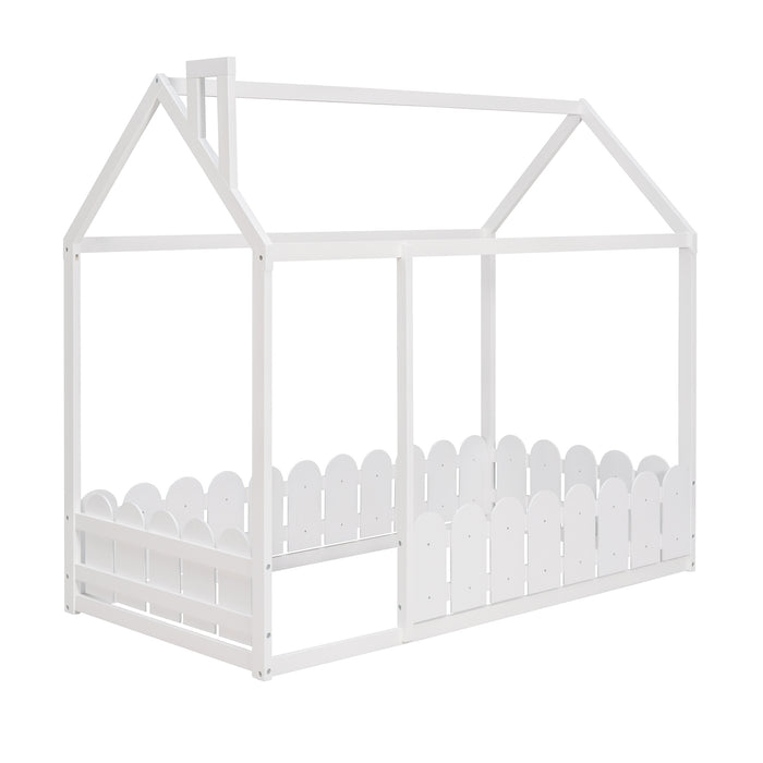 Twin Size Wood Bed House with Fence (White )（Slats are not included)