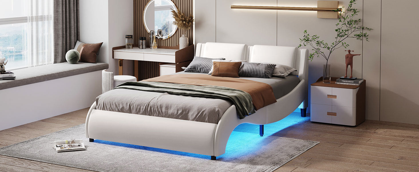 Full Size Upholstered Faux Leather Platform Bed with LED Light Bed Frame - White