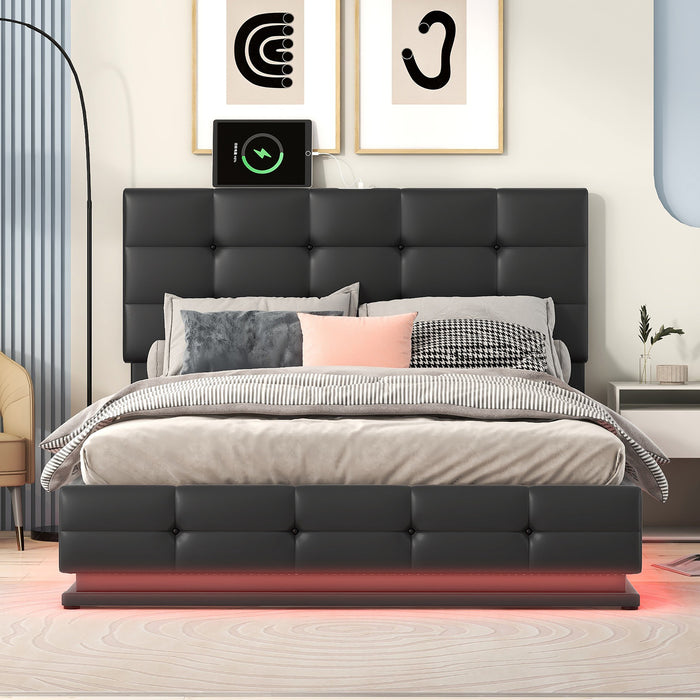 Full Size Tufted Upholstered Platform Bed with Hydraulic Storage and LED Lights and USB charger - Black