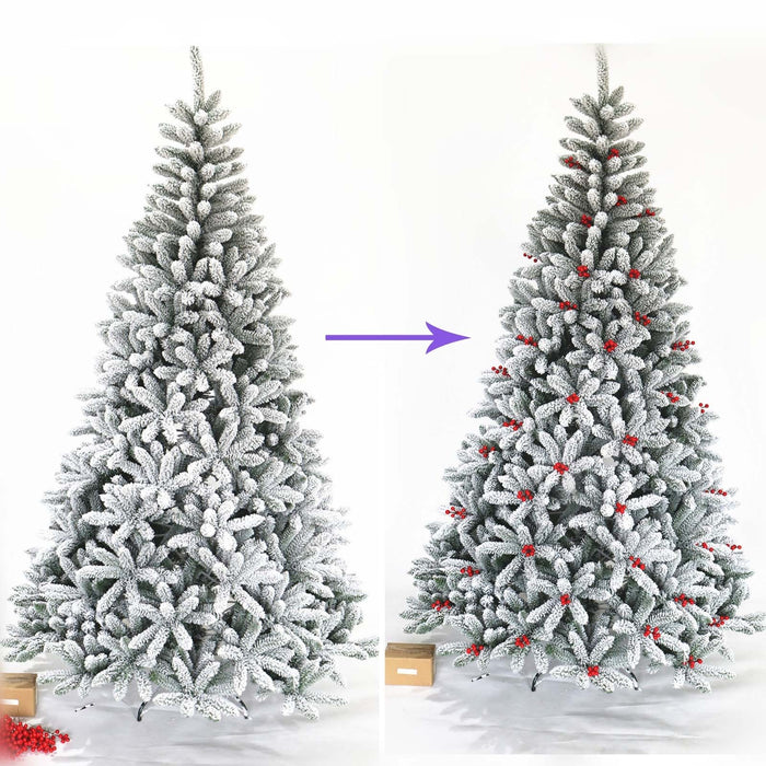 7.5ft Hinged Flocked Christmas tree with foldable metal stand - Antique Grey White