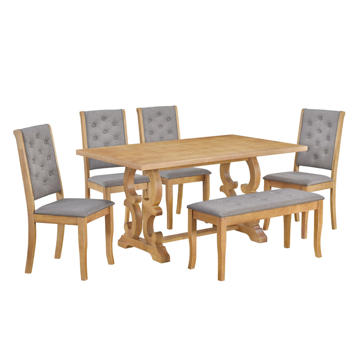 6-Piece Retro Dining Set with Unique-designed Table Legs  - Natural Wood Wash