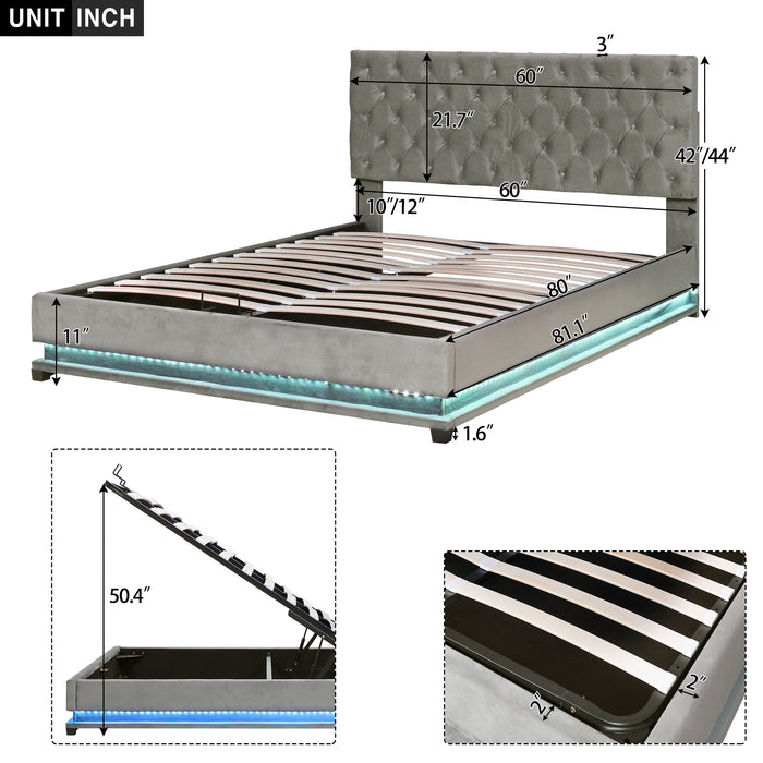 Queen Size Storage Upholstered Platform Bed with Adjustable Tufted Headboard and LED Light - Gray