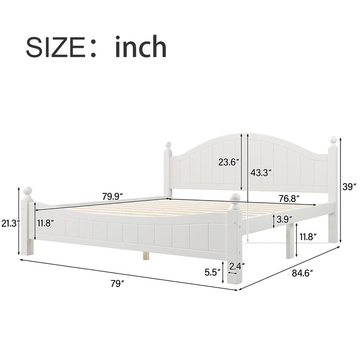 Traditional Concise Style White Solid Wood Platform Bed, King