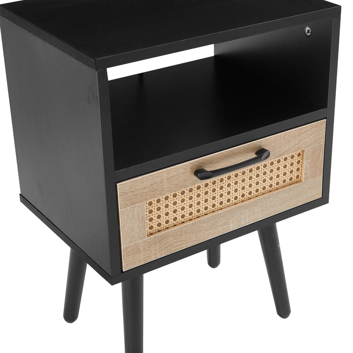 Rattan End table with Power Outlet  & USB Ports  -black