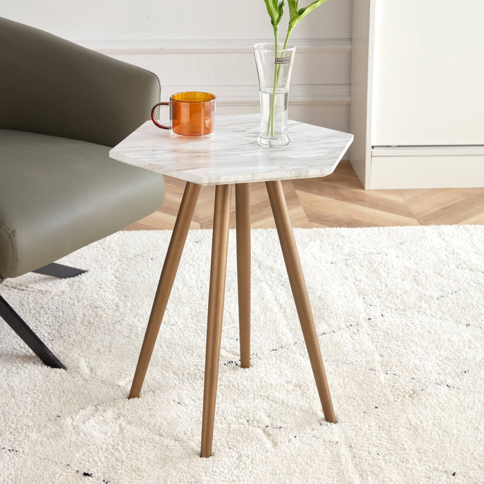 Modern Minimalism White Faux Marble End Table( MDF Tabletop + Metal Legs )