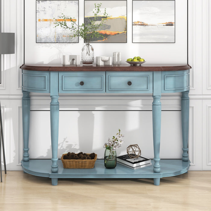 Retro Circular Curved Design Console Table with Open Style Shelf - Cherry + Antique Blue