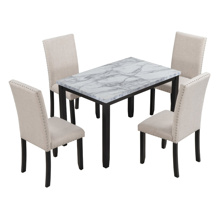 5-Piece Faux Marble Dining Set  - White/Beige + Black