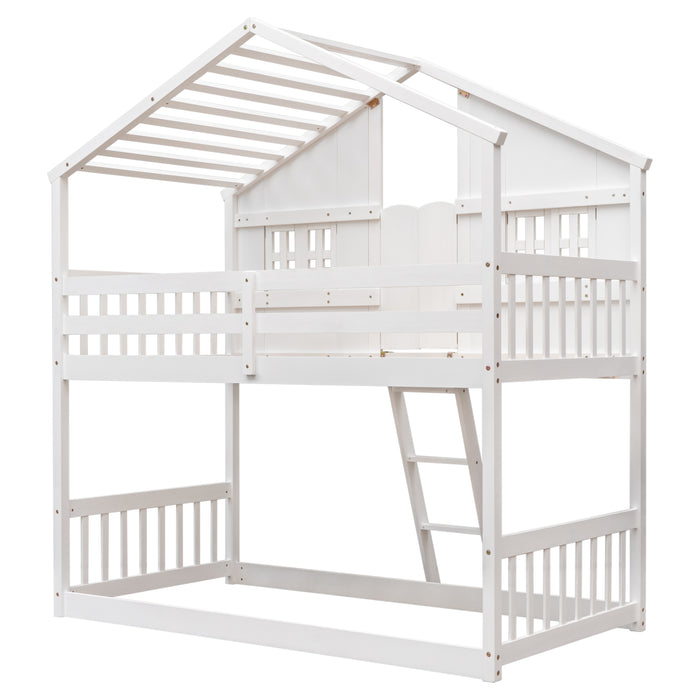 Twin over Twin House Bunk Bed with Roof , Windows - White