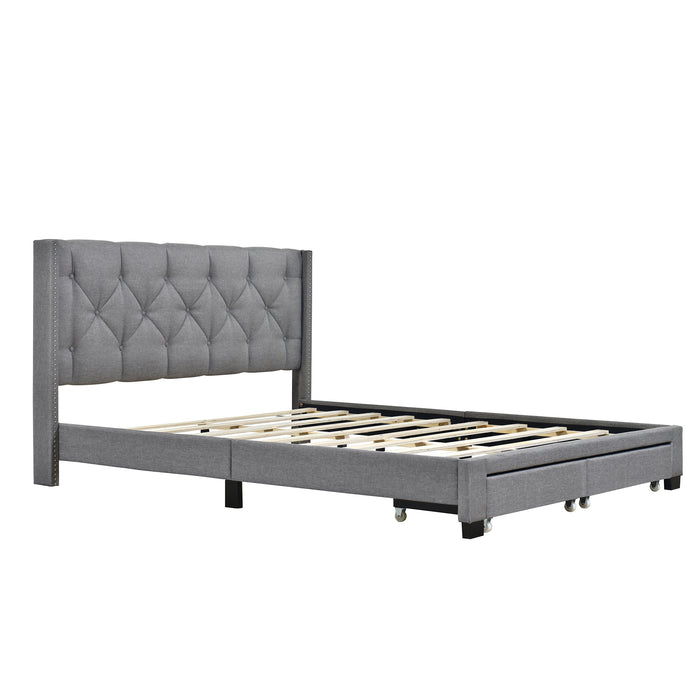 Queen Size Storage Bed Linen Upholstered Platform Bed with Two Drawers - Gray