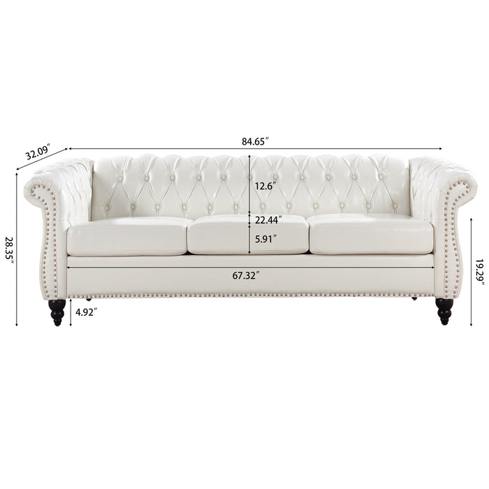 Rolled Arm Chesterfield 3 Seater Sofa - White