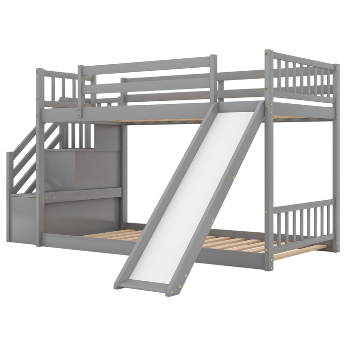 Twin over Twin Bunk Bed with Convertible Slide and Stairway - Gray