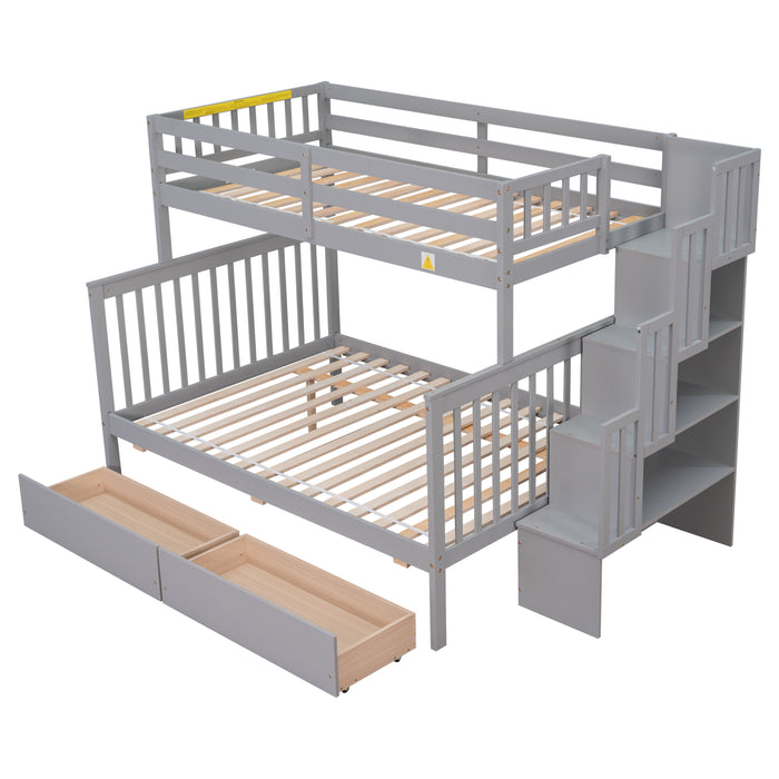 Twin Over Full Convertible Bunk Bed with 2 Drawers and Staircases - Grey