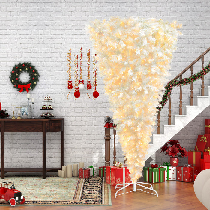 6.6ft Upside Down Christmas Tree with LED Warm White Lights and Metal Base - White