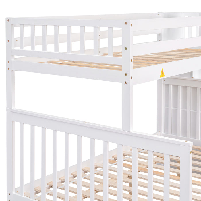 Twin Over Full Bunk Bed with 2 Drawers and Staircases - White