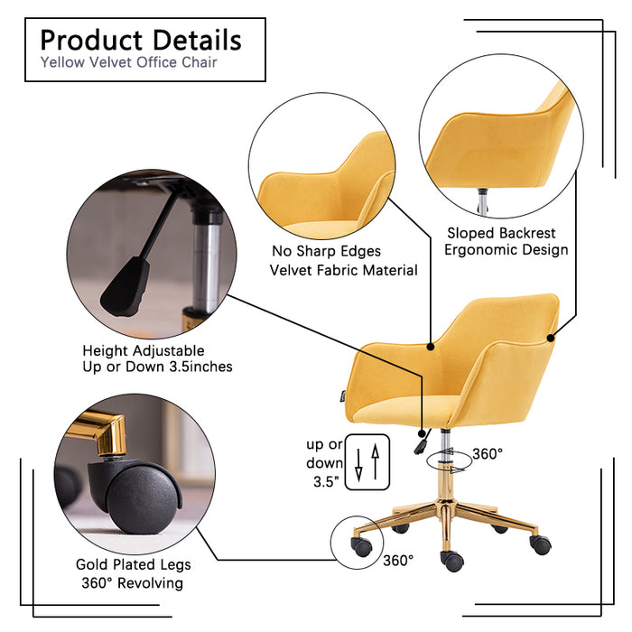 Modern VelvetHome Office Chair - Yellow