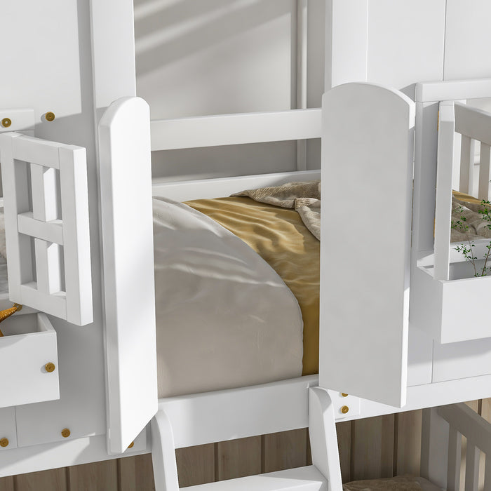 Twin over Twin House Bunk Bed with Roof , Windows - White