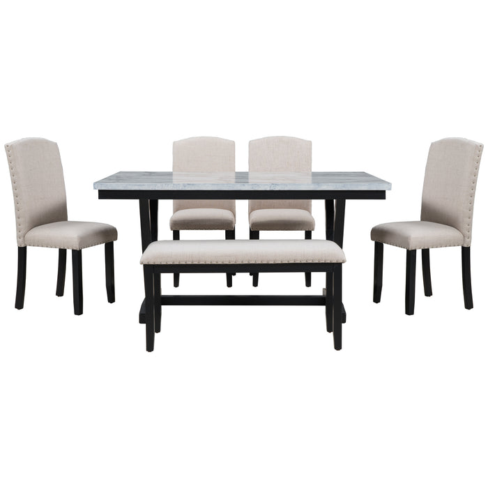 6-piece Modern Style  Dining Table with 4 Chairs & 1 Bench - White