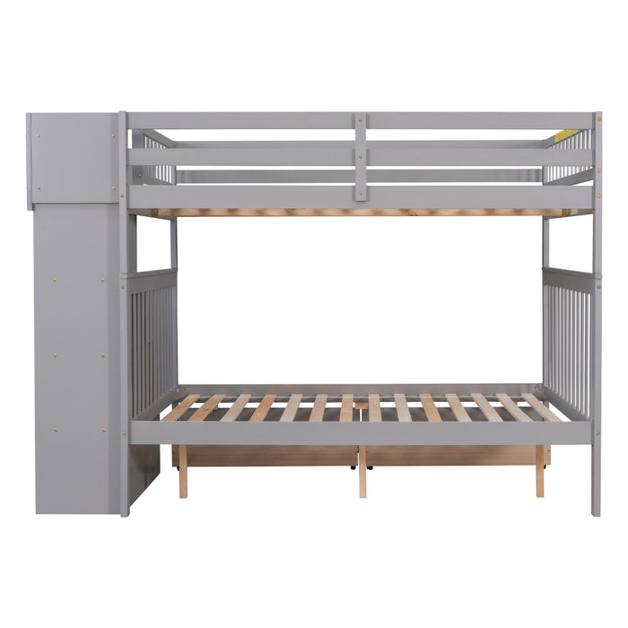 Full Over Full Bunk Bed with 2 Drawers and Staircases - Grey