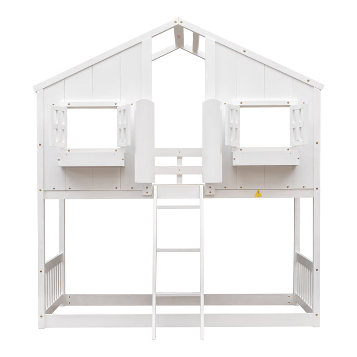 Twin over Twin House Bunk Bed with Roof , Windows - White