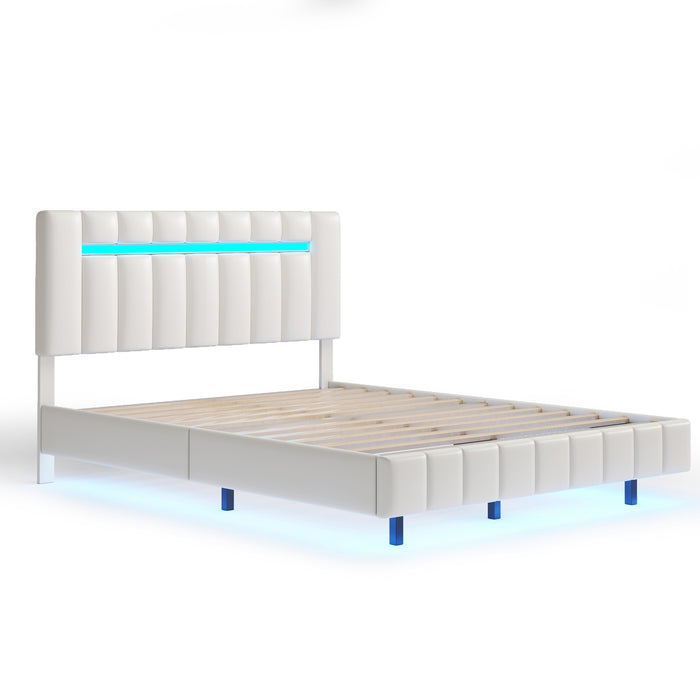 Queen Size Modern Upholstered Platform LED Bed with LED Lights and USB Charging - White