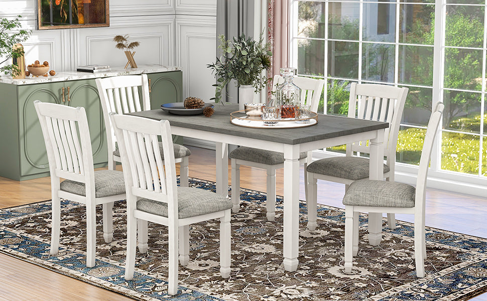 7-Piece Dining Table Set Wood Dining Table and 6 Upholstered Chairs- Gray+White