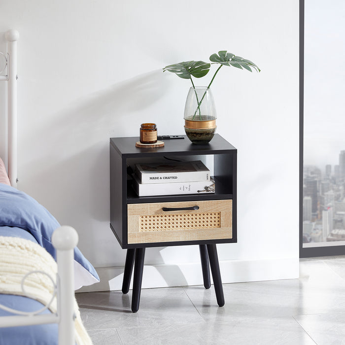 Rattan End table with Power Outlet  & USB Ports  -black