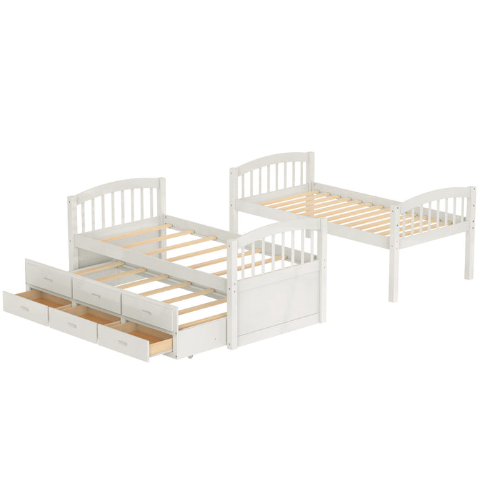 Twin over Twin Wood Bunk Bed with Trundle and Drawers - White