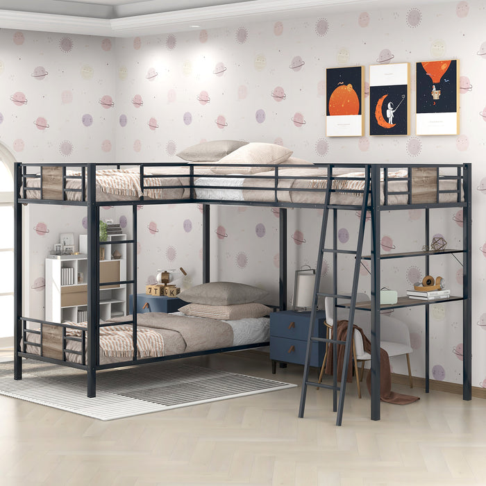 L-Shaped Twin over Twin Bunk Bed with Twin Size Loft Bed - Brown