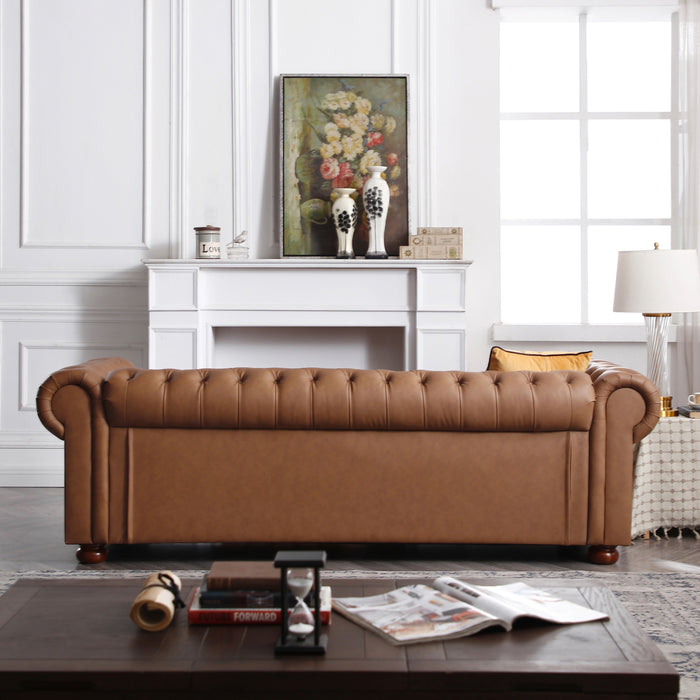 Classic Chesterfield Sofa - Brown Faux Leather