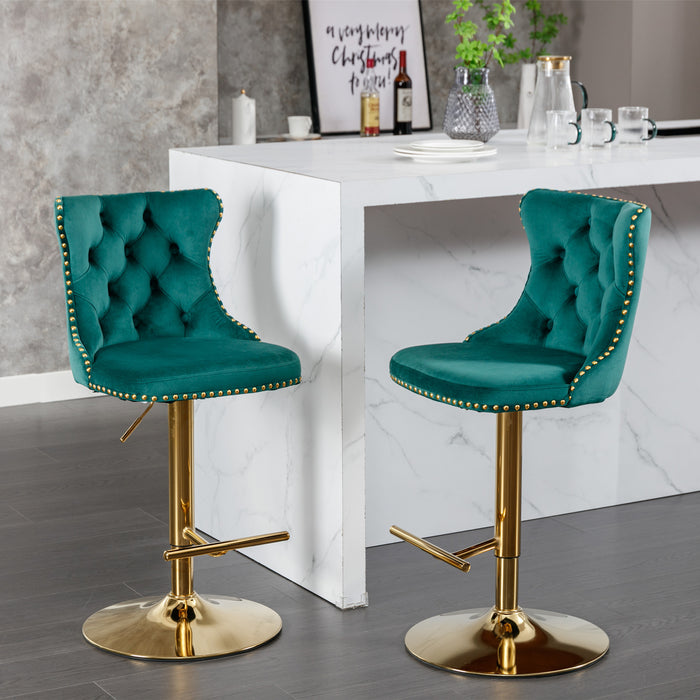 Golden Swivel Velvet Barstools, Green (Set of 2）