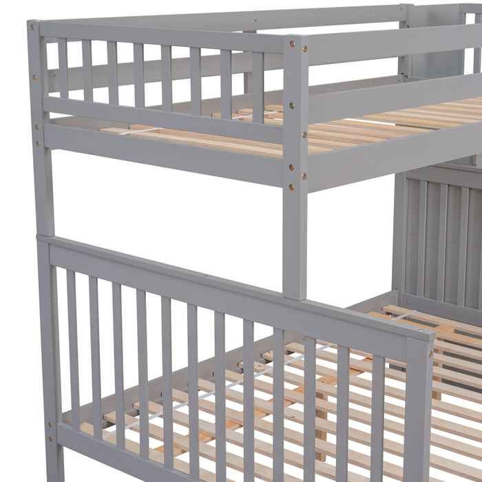 Twin Over Full Convertible Bunk Bed with 2 Drawers and Staircases - Grey