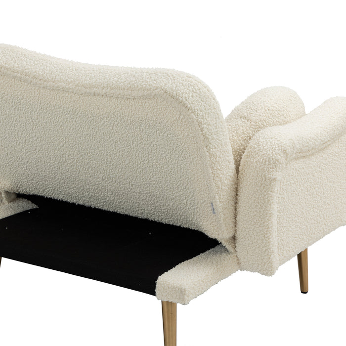 Mid Century Modern Velvet Love Seats Sofa with 2 Bolster Pillows - White Teddy