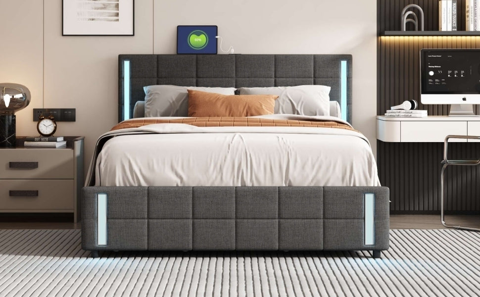 Queen Upholstered  storage Platform Bed with LED Lights and USB Charging - Dark Gray