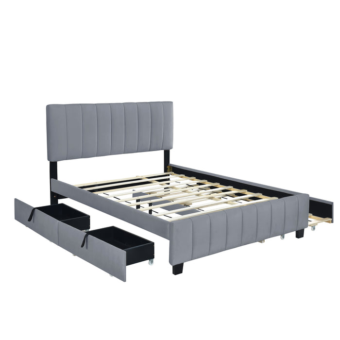 Queen Size Velvet Upholstered Platform Bed with 2 Drawers and 1 Twin XL Trundle- Gray