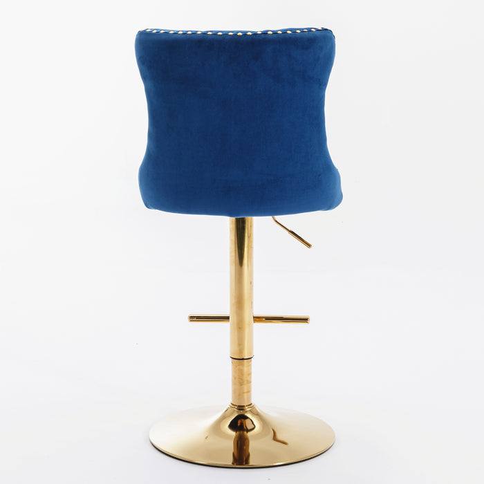 Golden Swivel Velvet Barstool, Blue (Set of 2）