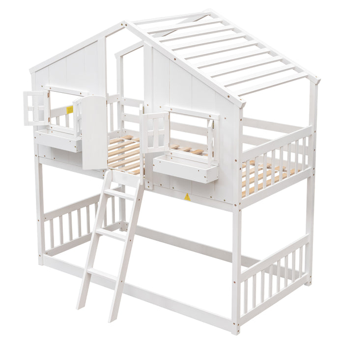 Twin over Twin House Bunk Bed with Roof , Windows - White