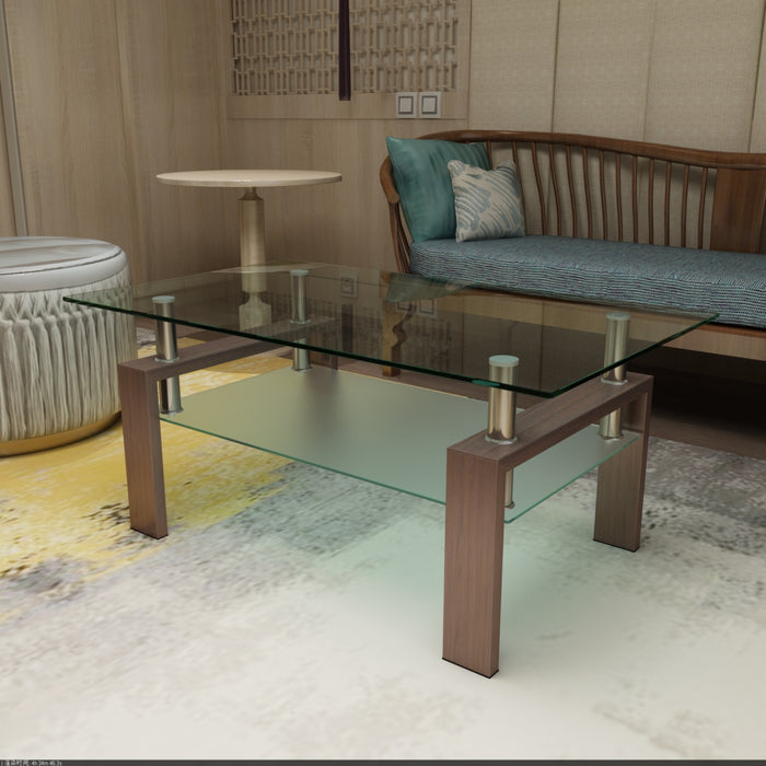 Rectangle Walnut Glass Coffee Table